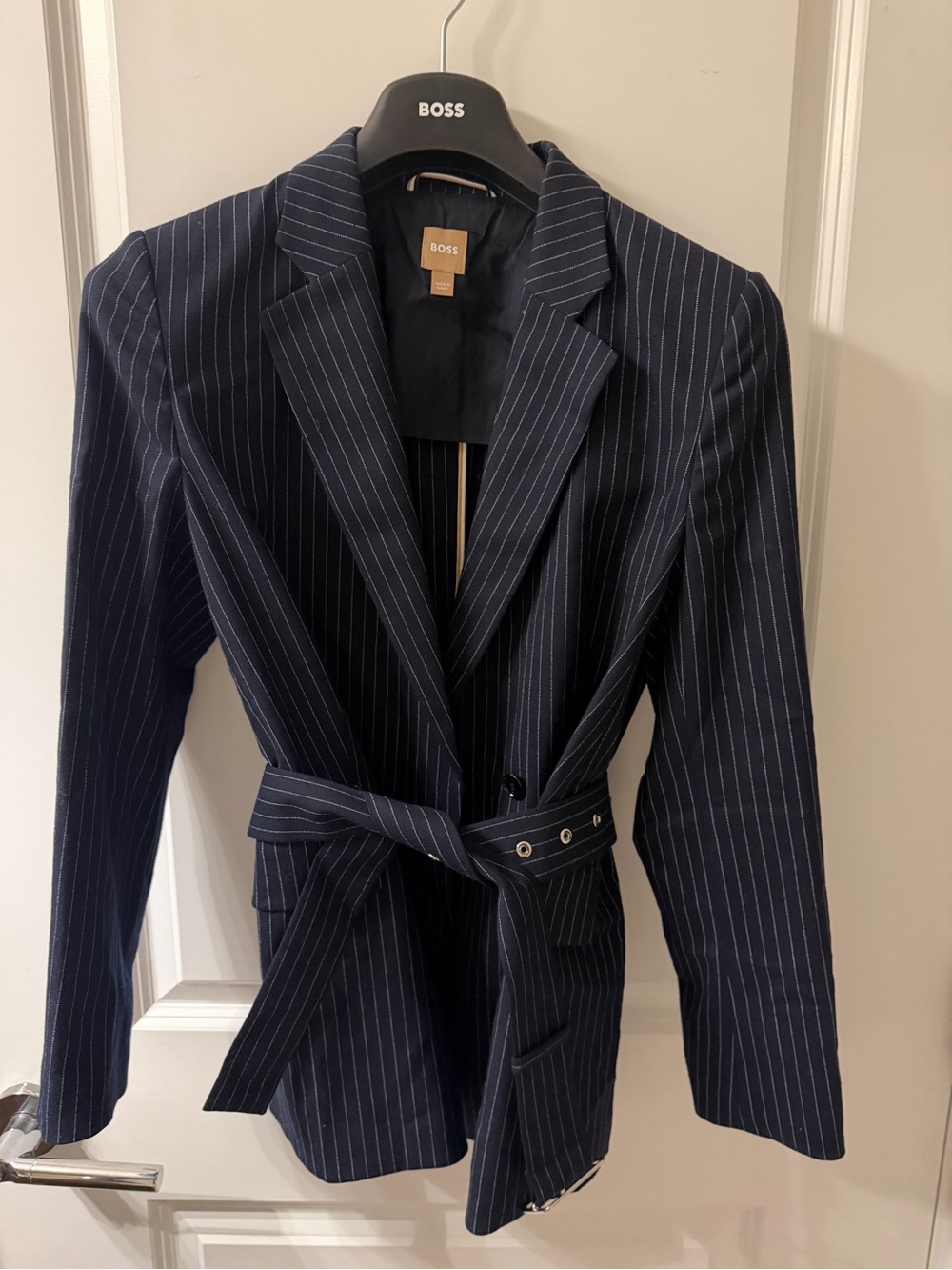 BOSS Navy Pinstripe Belted Blazer and Pants/Pantsuit